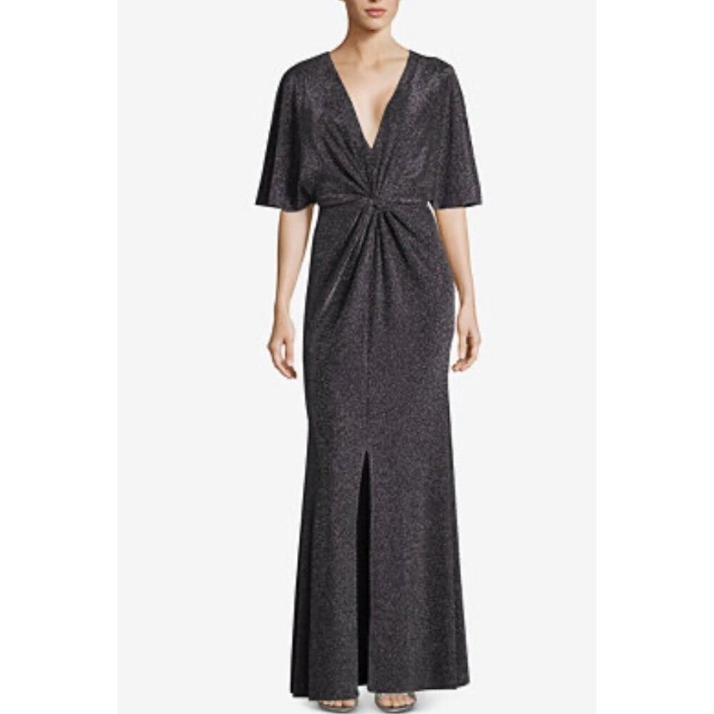 Betsy & Adam Metallic Maxi Formal Dress Gown Black Silver Stretch Size 6 USA